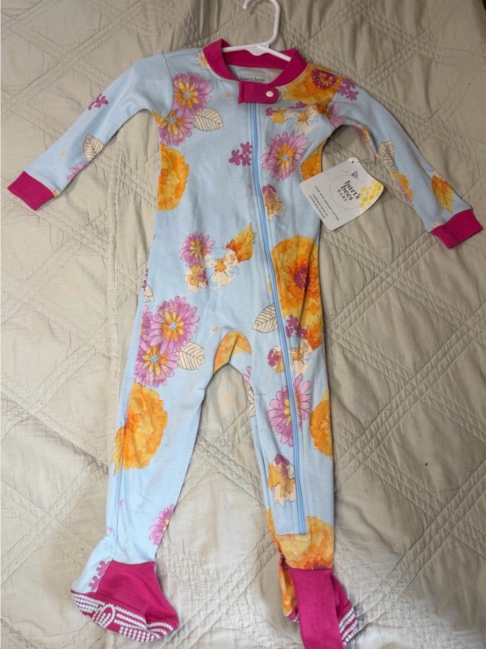 Burts Bees Baby Floral Footed One-Piece Pajamas - Light Blue & Pink